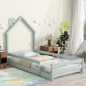 Twin Size Wood Bed With House-shaped Headboard Floor Bed With Fences,Light Green (Option: Light Green)
