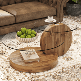 Modern And Practical Double-layer Round Table. Glass Table Top, Wood MDF Table Legs. Suitable For Living Room And Bedroom (Option: Transparent)