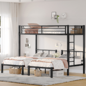 Twin Over Twin & Twin Bunk Beds For 3, Twin XL Over Twin & Twin Bunk Bed Metal Triple Bunk Bed, Black (Color: black)