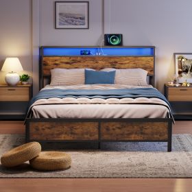 Industrial Queen Bed Frame With LED Lights, 2 USB Ports, Storage - Full Size (Option: Rustic Brown)