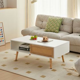 Rattan Coffee Table With Sliding Door And Solid Wood Legs - Modern Living Room (Color: White)