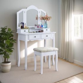 Wooden Dressing Table And Stool Set, White (Color: White)