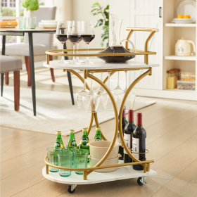 2-Tier Bar Cart,Gold Wine Cart With Wine Rack  Glass Holder,Mobile Bar Serving Cart,for Party,Home,Rolling Drink Trolley For Living Room (Color: gold)