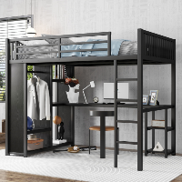 Full XL Size Loft Bed Frame With Built-in Wardrobe, Metal Loft Bed With Desk And Storage Shelves, Black (Color: black)