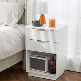 White P2 Density Board With Wave Pattern, 2 Drawers Bedside Cabinet 1pc (Color: White)