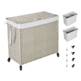 Laundry Hamper With Lid PE Rattan Powder Coating Frame Clothes Hampers With 02 Removable Bags, Wheel (Color: LIGHT GREY)