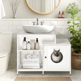 Cat Litter Box Enclosure For Bathroom, Hidden Litter Pet Washroom With Divider, Indoor Cat House For Large Cats, White (Color: White)