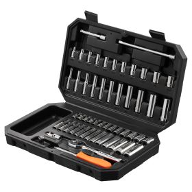 VEVOR Socket Set, Drive Socket And Ratchet Set, 6-Point Socket Opening, 54 Pieces Tool Set SAE And Metric, Deep And Standard Sockets, (Color: black)