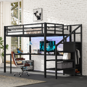 Full Size Loft Bed With L-shaped Desk And USB, Metal Loft Bed With Wardrobe And Adjustable Shelf, High Loft Bed With LED For Kids Teens Adults, B (Color: black)