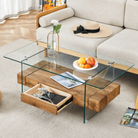 43.3 Inch Modern Two-Tier Coffee Table - Clear Tempered Glass And Natural Wood Grain, Multifunctional Storage Design.The Bottom Tier Includes A D (Option: Natural Wood)