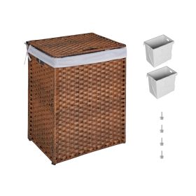 Laundry Hamper With Lid PE Rattan Powder Coating Frame Clothes Hampers With 02 Removable Bags, (Color: Brown)