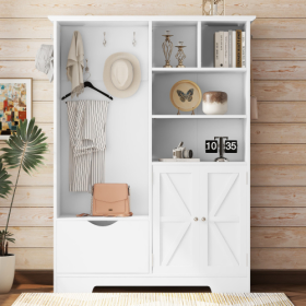 Multi-functional Hall Tree With Storage Shelves Drawers And Cabinet, Elegant Hallway Shoe Cabinet With Bench, Modern Coat Rack With Hooks For Hal (Option: Soft White)