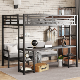 Queen Over Twin XL Metal Bunk Bed Loft Bed With Desk And Shelves, Multiple Uses Folds Into Sofa With LED And USB, Black (Color: black)