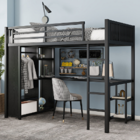 Twin XL Size Loft Bed Frame With Built-in Wardrobe, Metal Loft Bed With Desk And Storage Shelves, Black (Color: black)