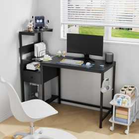 Computer Desk With Power Outlet  Storage Shelves, Study Writing Table With USB Ports Charging Station, PC Desk Workstation For Home Office, Black (Color: black)
