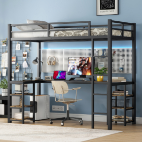 Twin XL Metal Loft Bed With Desk And Shelves, Loft Bed With Ladder And Guardrails, Loft Bed Frame For Bedroom, Black (Color: black)