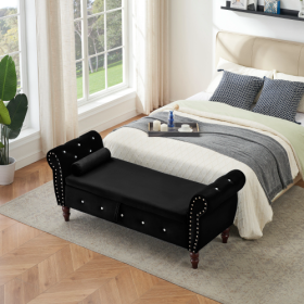 63.38Velvet Multifunctional Storage Rectangular Ottoman Bench Comes With Crystal Buckle Solid Wood Legs With 1 Pillow (Color: black)