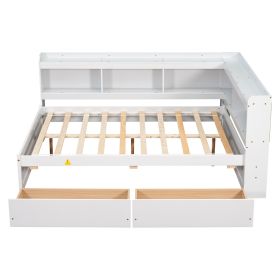 Full Bed With L-shaped Bookcases, Drawers ,White (Color: White)
