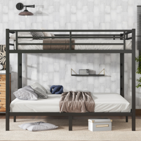 Metal King Over King Bunk Bed For Teens And Adults,Space Saving Noise Reduced No Box Spring Needed, Black (Color: black)