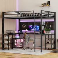 Full XL Metal Loft Bed With Desk And Shelves, Loft Bed With Ladder And Guardrails, Loft Bed Frame For Bedroom, Black (Color: black)