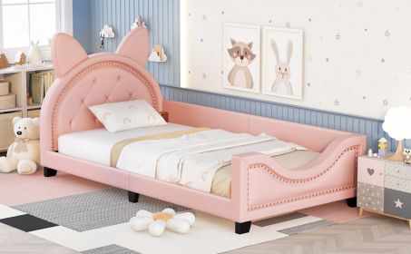 Twin Size Upholstered Daybed With Carton Ears Shaped Headboard (Color: Pink)