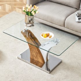 Rectangular Coffee Table.Tempered Glass Countertop, And Artistic MDF Legs,perfect For Hosting Dinners, Conferences, Home, And Office Decorations. (Option: WhiteWood)
