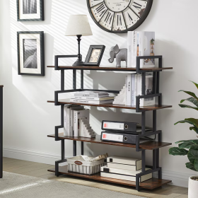 Industrial 4 Tier Bookshelf,Metal And Wood Bookcase,Open Wide Display Storage Bookshelves,for Bedroom,Living Room,Home Office, Easy Assembly (Color: black)